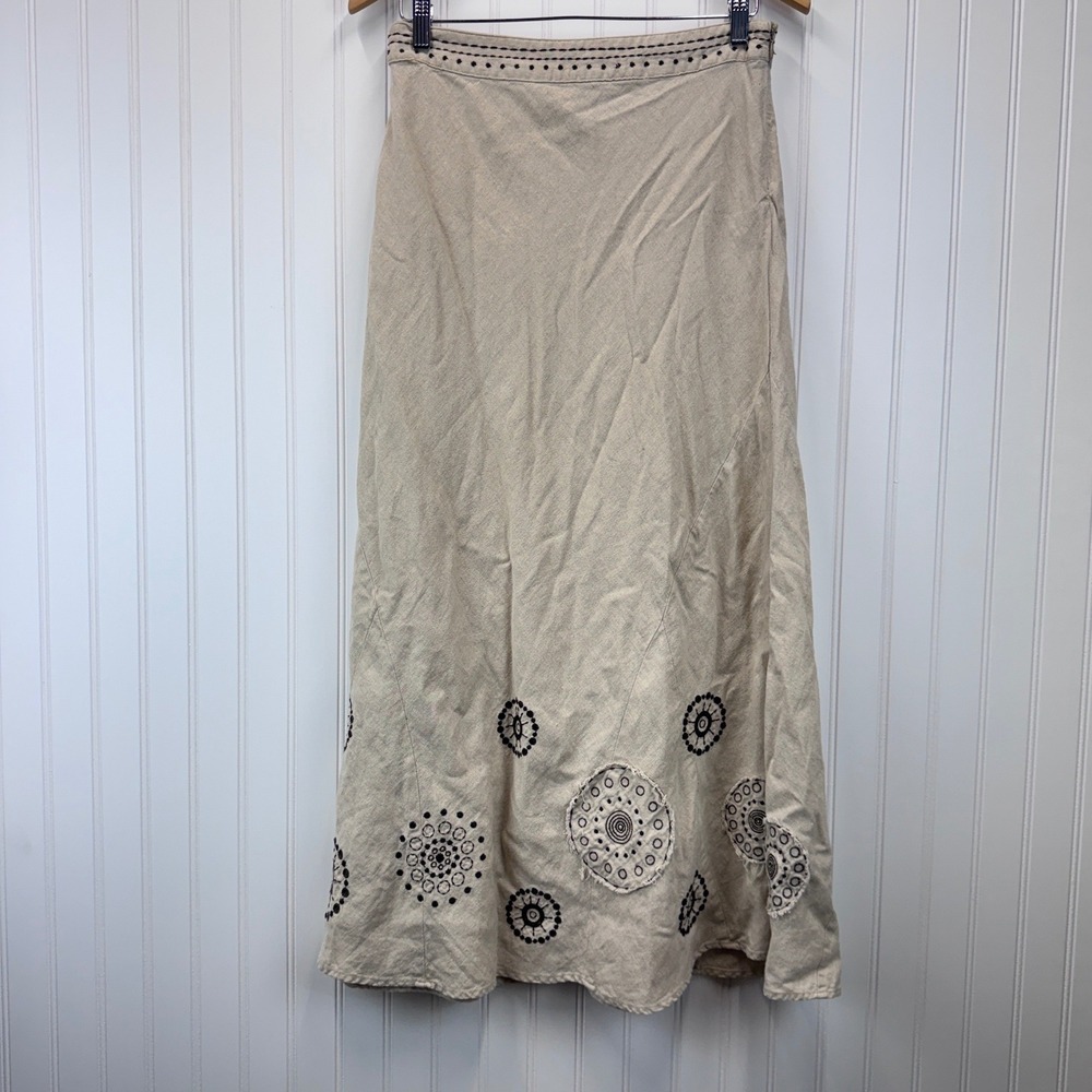 Carole Little Maxi Skirt Wm 8 Beige Linen Blend Embroidered Boho Artsy Lagenlook